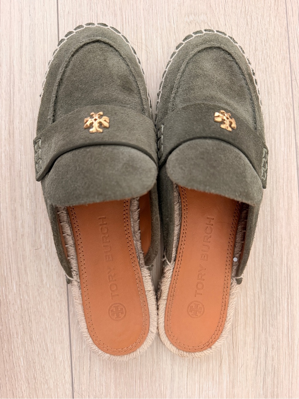 Tory Burch Olive Green Suede Mule Clogs with Gold Logo